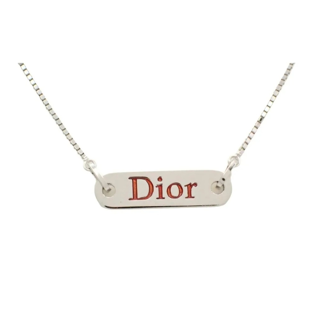 Christian Dior Silver Tone Red Logo Bar Pendant Box Chain Necklace Authentic